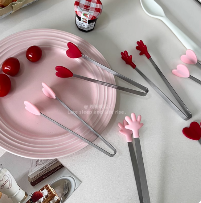 스텐 과자 얼음 디저트 빵 샐러드 하트 미니다용도 스텐집게 홈카페 주방 집게 소형 요리집게 빵집게 캠핑조리도구, 1개, 손가락 핑크
