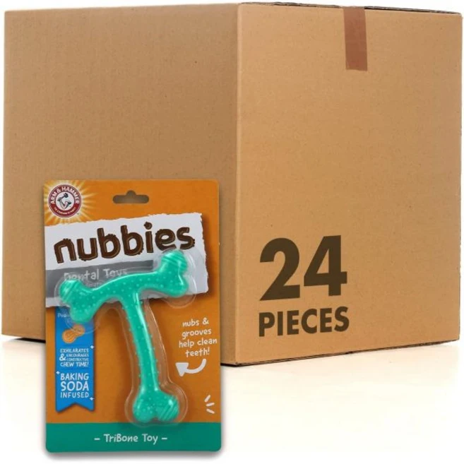 Arm Hammer Nubbies T-Bone 치과용 반려견 씹는 장난감 땅콩버터 맛 - 반려견을 위한 내구성 있는 나일론 완성된 뼈 사람을 치아 청소 뼈가 플라그와 치석 제거에, Peanut Butter, 24 Count, 1개 - 쿠팡
