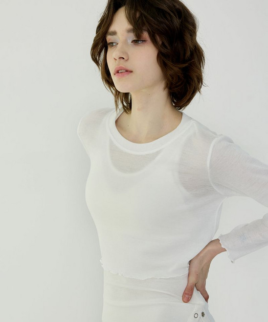 DEVIWEAR 데비웨어 여성 요가복 DEVI-T0047-화이트 필라테스 긴팔티 크롭티 물결라인 740943