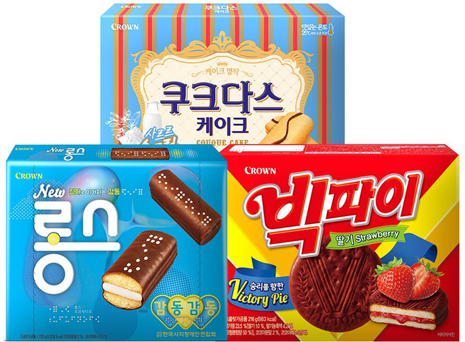 크라운 케익과자 세트 (총 3개 / 롱스220g 1개 + 빅파이216g 1개 + 쿠크다스케이크154g 1개), 220g, 216g, 154g