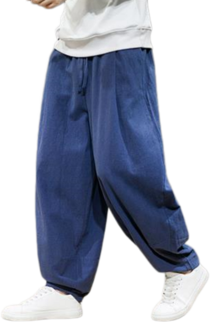 Makone 남성 봄가을 린넨 캐주얼 바지 와이드팬츠 빈티지 스트레이트 블루머 배기 팬츠