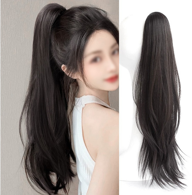 백송 데일리 무드 생머리 포니 가발 모자 포니테일 부분가발 묶음머리 간편착용 롱헤어가발 내추럴룩, 1개, 웜블랙