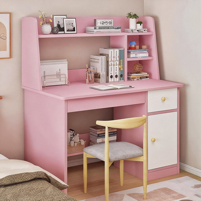 다용도 1인용 공부책상 가정용 서랍 책상 책꽃이책상 학생 책상, 핑크