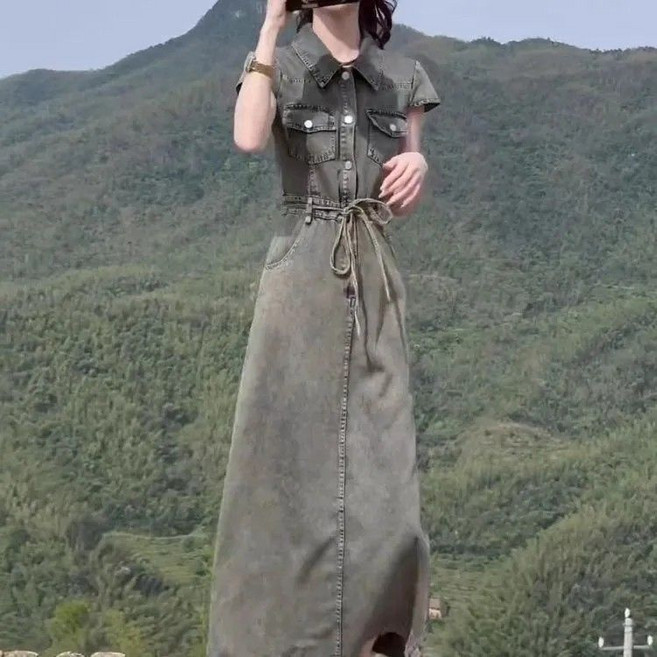 캐주얼 여름 여성 빈티지 반팔 데님 원피스 하이웨스트 스트링 날씬해 보이는 롱 원피스 ZZQ