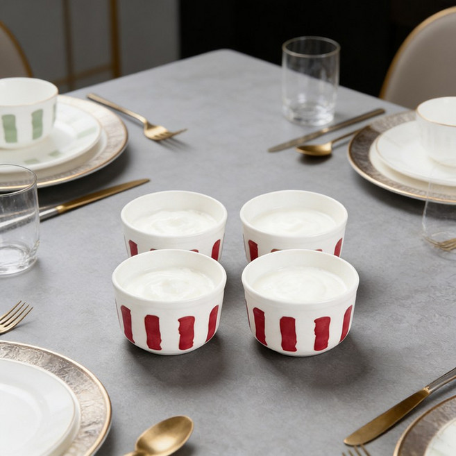WHH 예쁜 원형 레머킨 종지 도자기 소스볼 세트, 4개, 레드