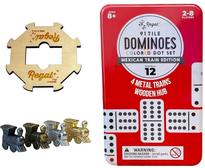 Regal Games - 멕시코 기차 도미노 게임 세트 - 이중 12가지 컬러 도트 도미노 - 재미있는 가족 친화적 게임 - 타일 91개 금속 기차 4개 나무 허브 수집가, 더블 12색 도트 도미노