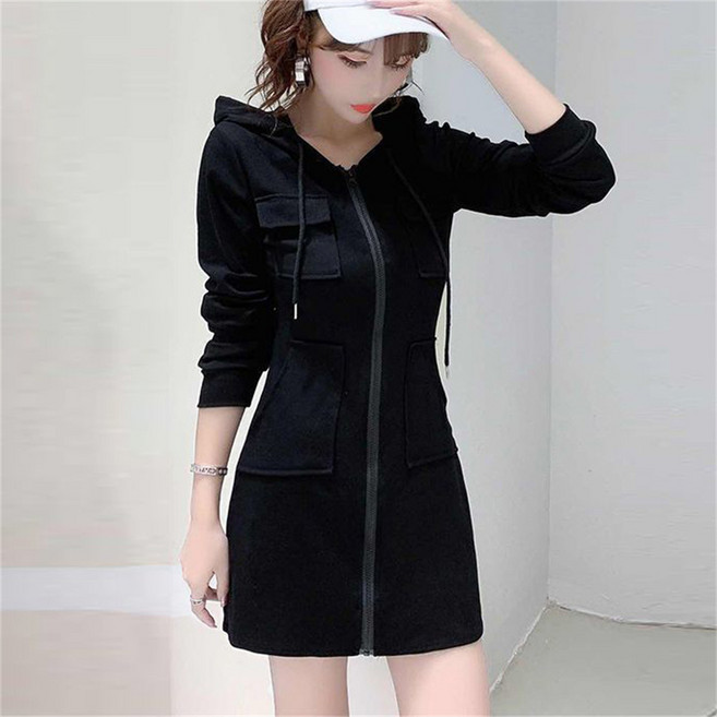 TKX 미니 원피스 여성 가을 겨울 후드 포켓 집업 캐주얼 데이트 러블리 타이트 KD97