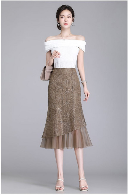 COSYEVNO 여성 하이웨스트 레이스 배색 언밸런스 스커트 봄 여름 LFHmmbsq-4