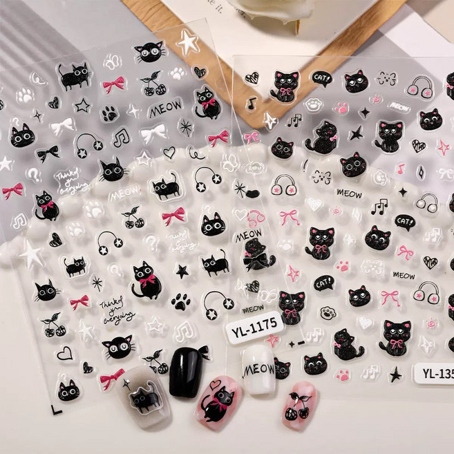 별라 힙한 엠보 입체 네일 스티커 귀여운 고양이 동물 별 달 리본 하트 2종 세트, 2개, B형