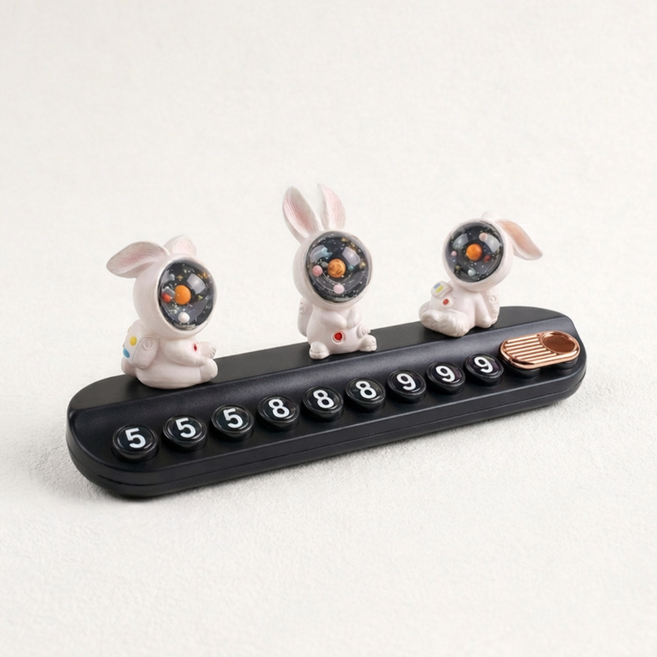 우주인 토끼 캐릭터 차량용 주차번호판 숨김기능 번호판 자동차 인테리어 논슬립 주차알림판, 1개, 블랙