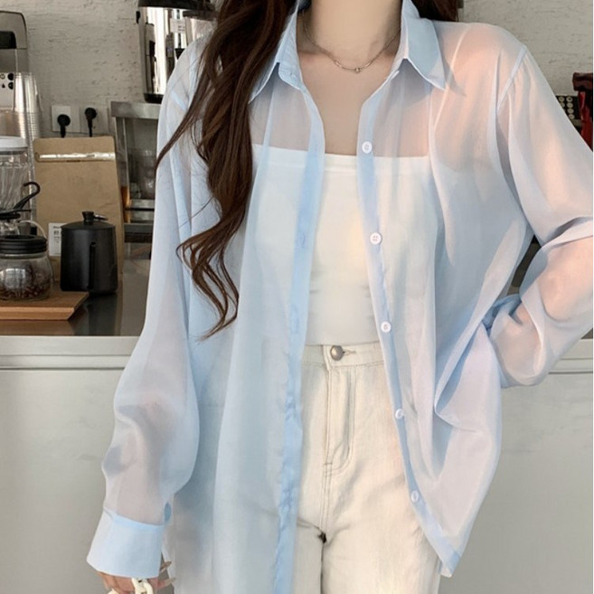 쪼예 비치 쉬폰 백스트랩 시스루 루즈핏 긴팔 셔츠