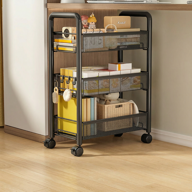 Dune 메쉬 철제 이동식 트롤리 만향바퀴 주방 정리함 수납 카트 핸들 후크 다용도, 3단, 검은색