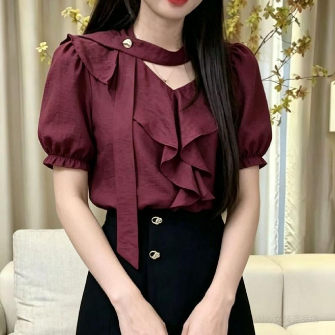 荷葉邊泡泡袖雪紡衫 少女感可愛風 寬鬆顯瘦洋氣上衣