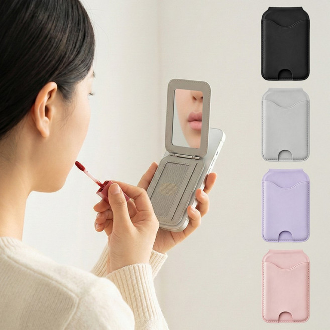 뷰씨 아이폰 맥세이프 카드지갑 5장 수납 거울 내장 가죽 포켓 거치대, 그레이, 1개