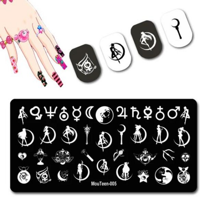 네일용스티커 슬림 네일 스텐실 만화 스타일 캐릭터 아름다운 어린 스탬핑 플레이트 달 손톱용 005, 01 mouteen-005, 01 mouteen-005