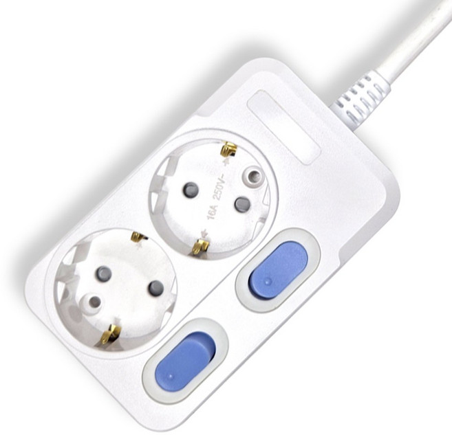 개별스위치멀티탭 KC인증 접지 2800W 절전 콘센트 2구 멀티탭, 1개, 화이트(파란스위치), 5m