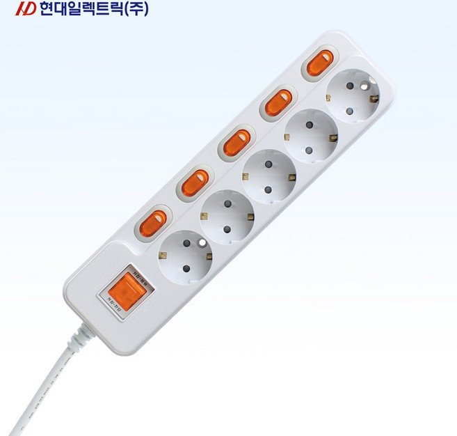 현대일렉트릭 5구 개별 과부하차단 스위치형 16A 멀티탭 1.5m 3m 5m, 1개