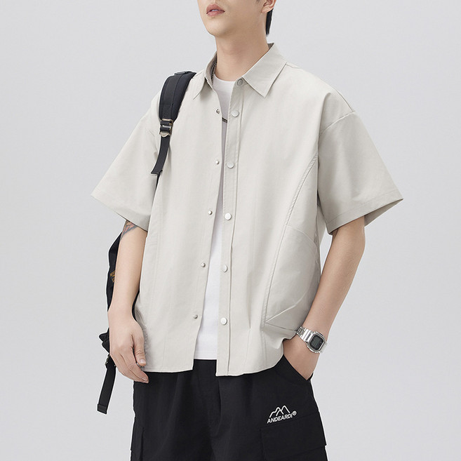 YANGTA 남성 여름 반팔 캐주얼 주름 방지 느슨한 얇은 스타일 단색 셔츠