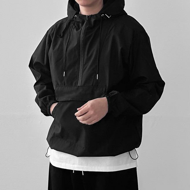 다이나믹피플 남자 스트링 아노락 후드 오버핏 반집업 바람막이 윈드브레이커