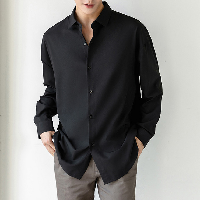 ANNYOU 남성 고급 드레이프 오버핏 긴팔 셔츠 베이직 사계절 캐주얼 데일리 셔츠