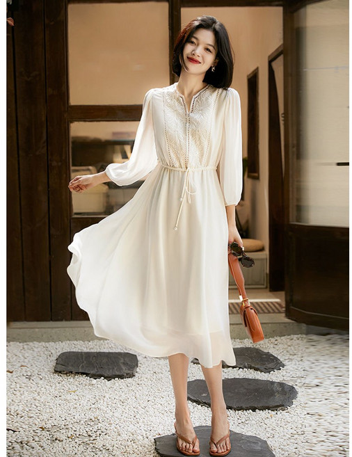 패션고리 여성 여름 라운드 레이스 쉬폰 롱 원피스 ZX054