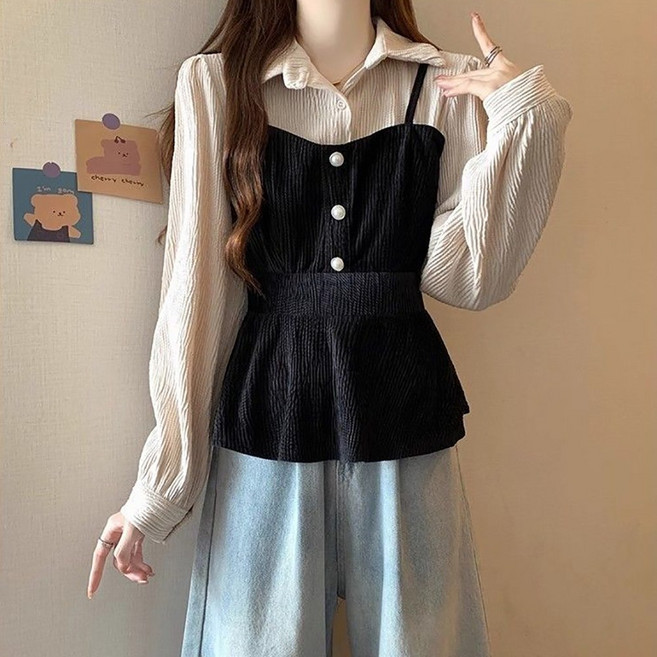 AURALA 여성 빅사이즈 캐주얼 레이어드 셔츠 여자 슬림핏 카라넥 긴팔 티셔츠