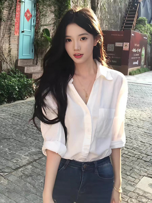 白色V領長袖襯衫