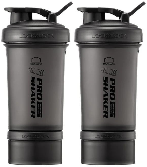프로쉐이커 락앤락 쉐이크 보틀 600ml + 컨테이너 140ml, 매트블랙, 2개 - 쿠팡