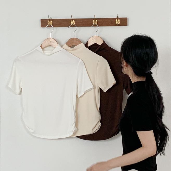 MHJINA 봄 여름 여성 완벽군살커버 소프트 라운드 셔링 하프넥 반목 반팔 티셔츠