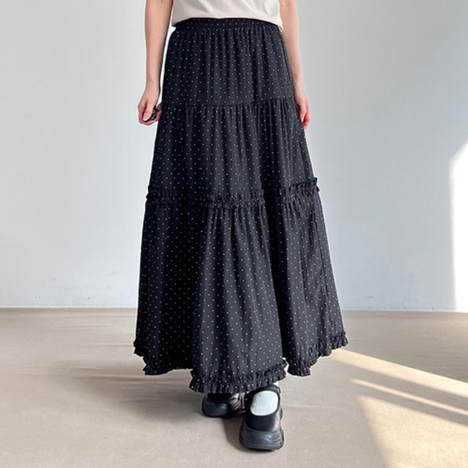 걸즈팩토리 여성용 아론도트프릴 플레어 밴딩 롱스커트 치마