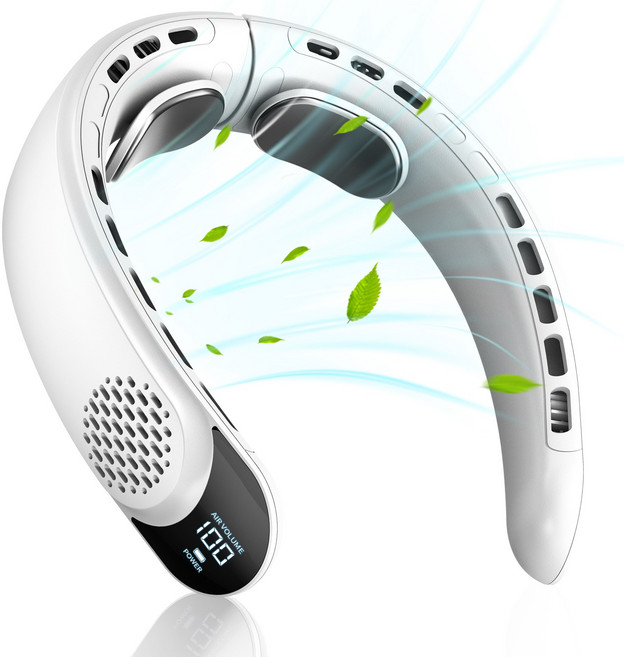 HUID 충전식 넥팬 아이스쿨 미니 USB 대용량 디지털 표시 무날개 목 선풍기, 화이트, S8