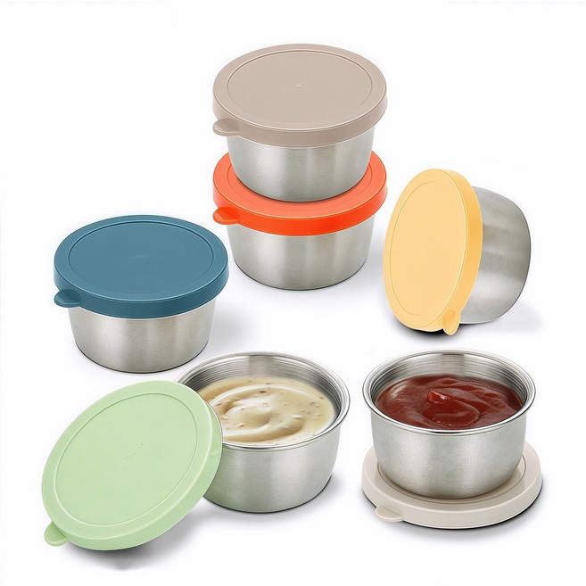 [엘리펀트] 40ml 스테인리스 미니 소스컵 - 6컬러 플라스틱 뚜껑 포함 소형 양념통 종지형 보관용기 6P 세트, 6개