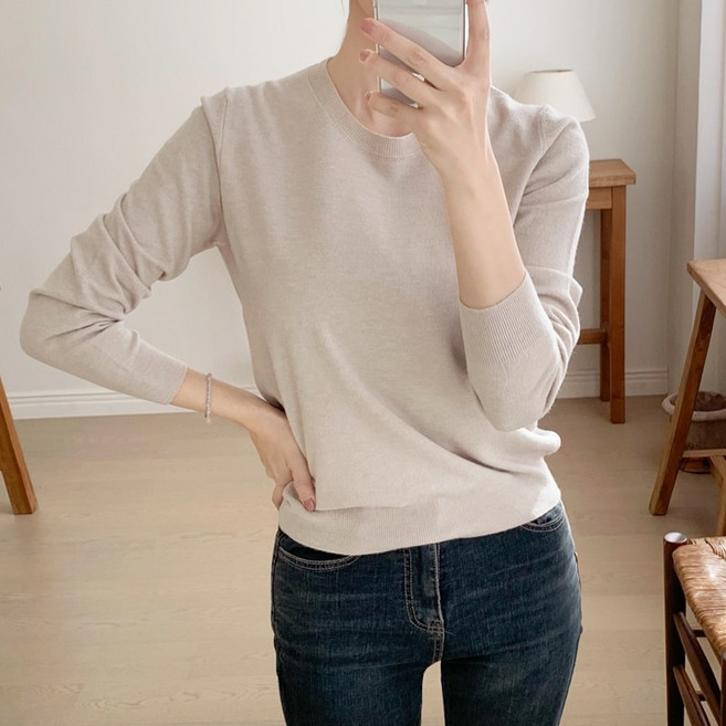 허블리 여성 부드러운 베이직 라운드넥 긴팔 니트티