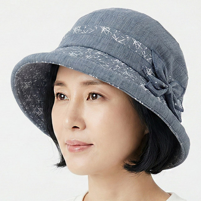 베이직엠 중년 여성 봄 여름 모자 벙거지 둥근챙 패턴 사이드리본