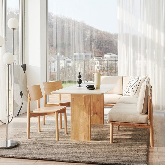 한샘 포레 컴포트 6인 라운지세트 (벤치1 코너벤치1 원목의자2 포함), A형: 화이트, A형: 1590사각, B형: 페일블루(B)