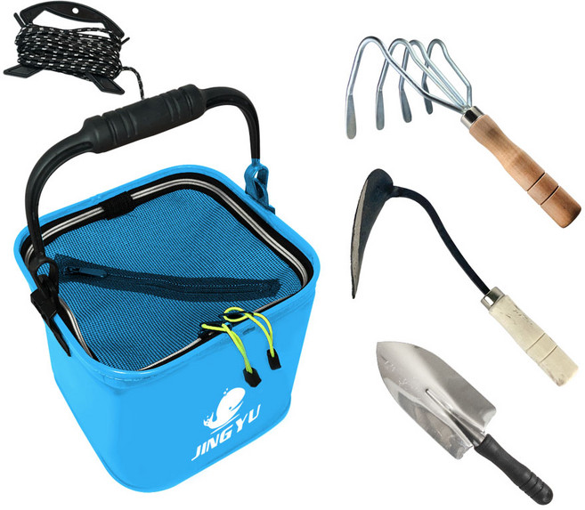 해루질 장비 조개 잡이 도구 4종 세트 호미 + 꽃삽 + 두레박 + 4발갈퀴, 블루