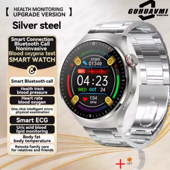 혈당측정기 당화혈색소측정기 혈당계 남성용 스마트 워치 정확한 혈당 측정 방수 스포츠 스마트워치 화웨이 샤오미 신제품, Silver Steel