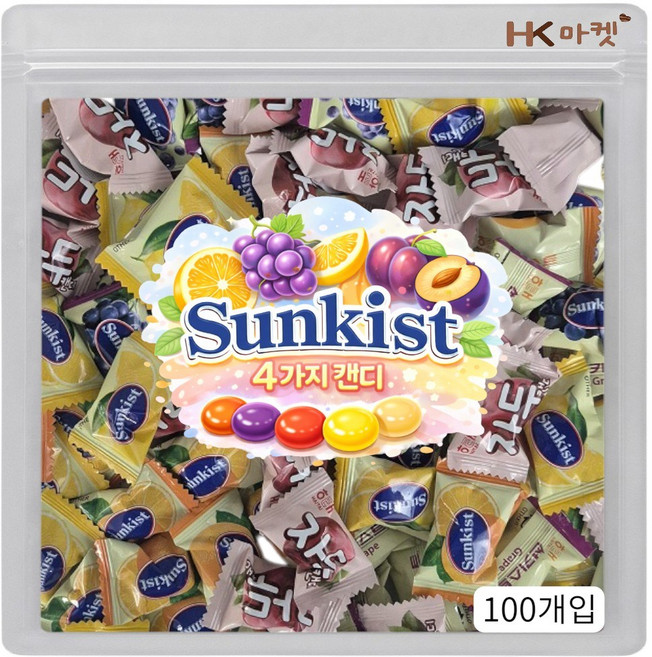 에이치케이마켓 과일향 가득한 과일캔디 4종 혼합 100개입 (썬키스트 오렌지/포도/레몬 자두), 530g, 1개