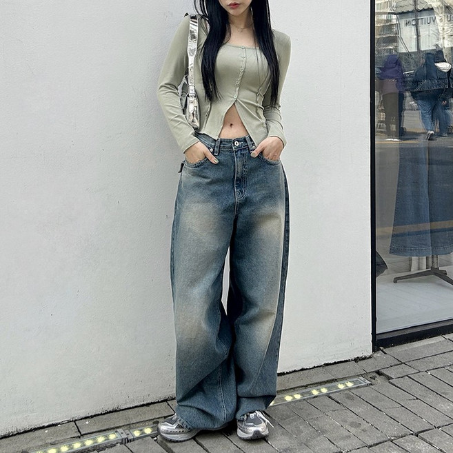 카리나바지 워싱 데님 와이드 포켓 롱팬츠 첫눈챌린지 OOTJ