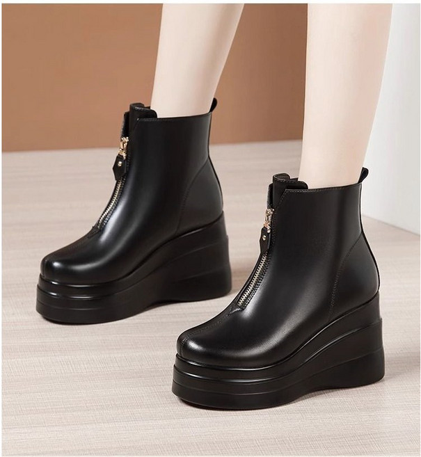 여성용 가보시 통굽 7cm 웨지 워커부츠 데일리 기모 키높이 가죽 숏부츠