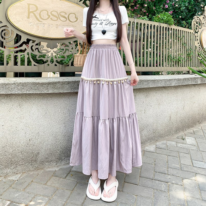 해피유통 여성용 하이웨이스트 면마 티어드 롱 스커트 봄가을 캐주얼 스타일 LWJ