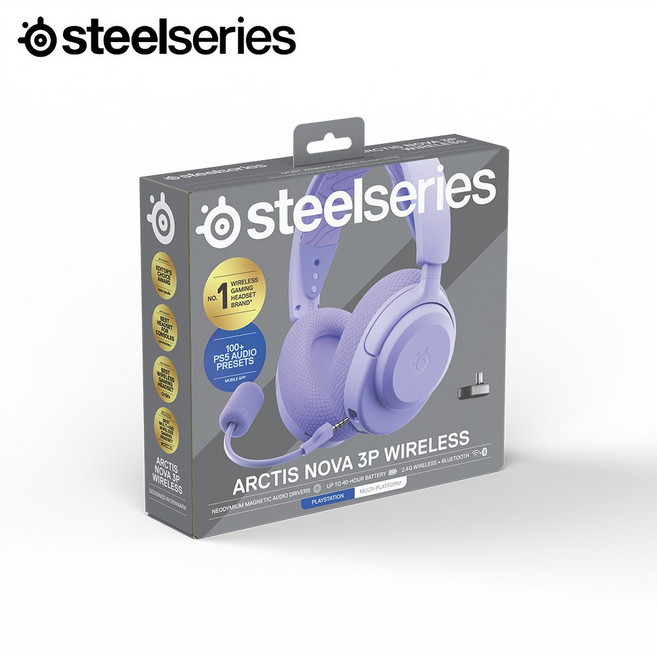 스틸시리즈 Arctis Nova 3PW 무선 게이밍 헤드셋 [Black or White or Aqua or Lavender], 라벤더, ST-61692