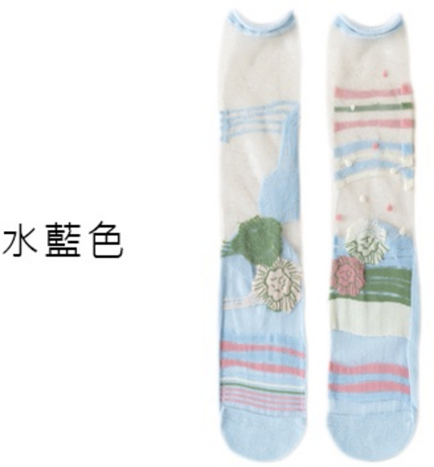 OT SHOP 女款透膚絲襪 玻璃襪 中筒襪 捲邊襪口 刺繡圖案襪子 M1209