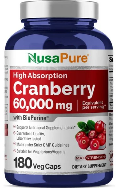NusaPure Cranberry 60 000 mg 180 Veg Caps Bioperine Non-GMO Vegan, NusaPure Cranberry 60,000 mg 1, 1개 - 쿠팡