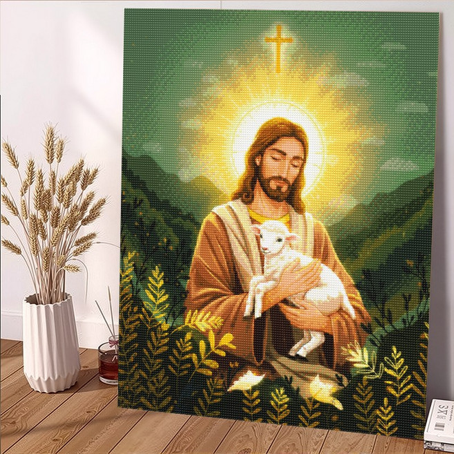 wonderful live 보석십자수 대형 DIY 키트 캔버스형 액자 풍경 인물 해바라기 꽃식물 부엉이 40 x 50 cm, 1개, 예수의 보살핌과 구원