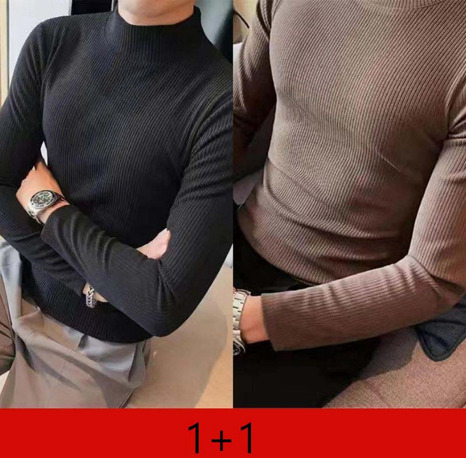 1+1 남자 겨울 기모 티셔츠 빅사이즈 슬림핏 풀오버 반폴라 긴팔티 가을 겨울 남성 긴팔 이너 상의 CJJ