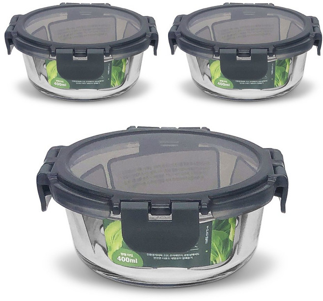 미르코리아 뉴락 내열오븐글라스 원형 밀폐용기 400ml, 3개, 용기 + 뚜껑