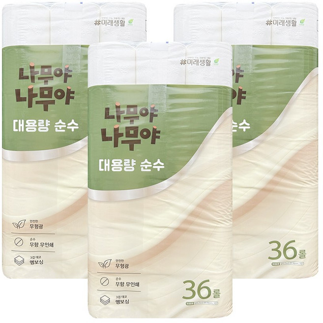 케이에이치커머스 나무야나무야 대용량 순수 3겹, 3개, 36롤
