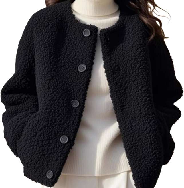 Makone 여성 가을 겨울 노카라 라운드넥 블랙 캐주얼 뽀글이 자켓