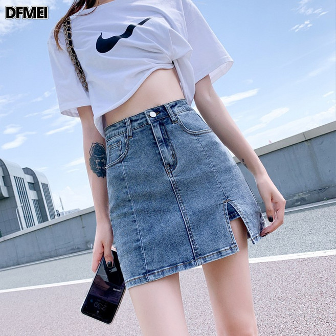 DFMEI 秋季彈力牛仔裙半身裙女高腰防走光a字短裙褲裙開叉包臀裙子